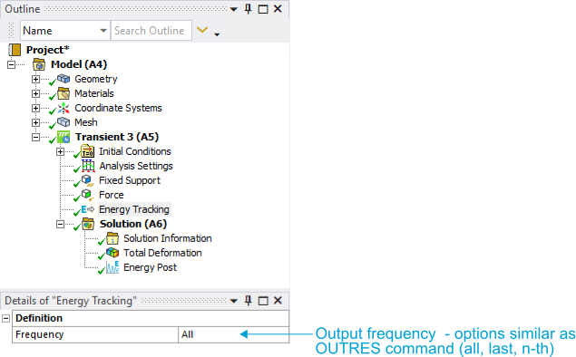 Setup options of the ACT object Energy Setup